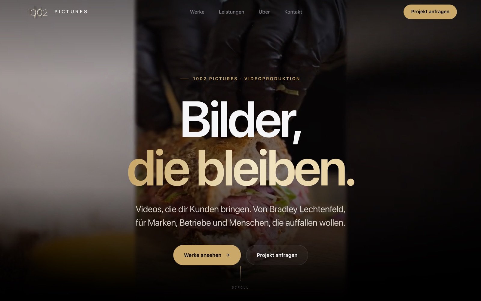 Bildschirmaufnahme der Startseite von 1002 Pictures: Überschrift „Bilder, die bleiben." über einem Standbild aus einer Videoproduktion